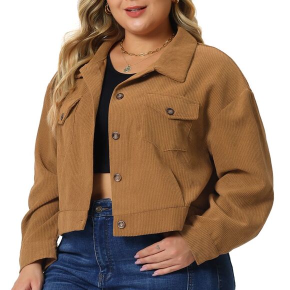 Plus Size Lightweight Cropped Shacket Button Down Corduroy Shacket Jackets Brown - Picture 1 of 6